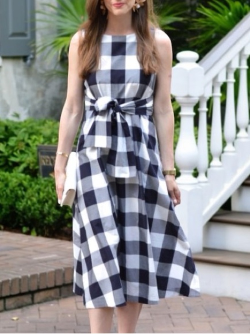 Ann Taylor Black and White Gingham Sleeveless Tie-Waist Midi Dress